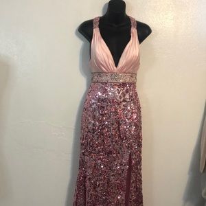 Riva designs pink sequin formal gown with open back size 4